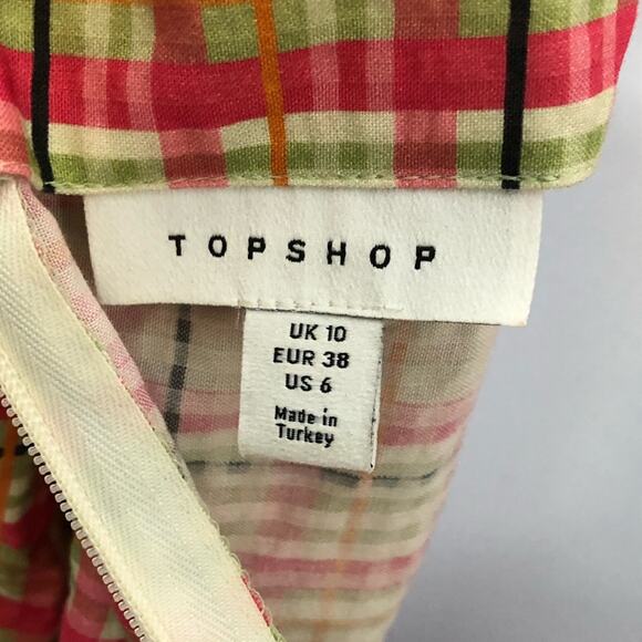 Topshop Check Plaid Smock Mini Dress Size 6 Y2K Babydoll Boho Puff Sleeve Retro - Picture 7 of 16